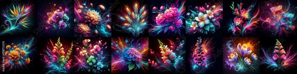 Flowers blending neon and plasma. AI generated illustration