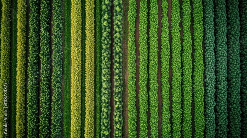 Aerial view of vibrant green crop fields in organized rows showcasing agricultural patterns.