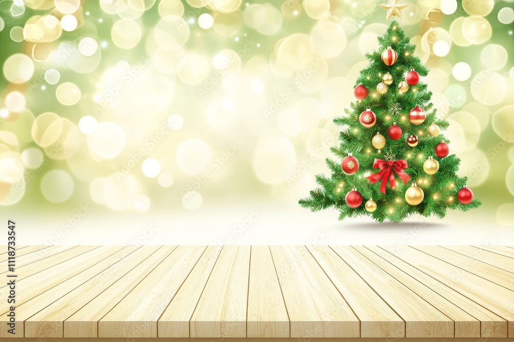 From a front perspective, a Christmas table top is featured, with a blurred fir tree and holiday decorations creating the background. From a front perspective, a Christmas table top is featured, with a blurred fir tree and holiday decorations creating the background.