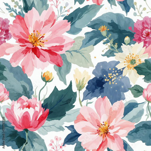 Watercolor seamless pattern with flowers, floral background