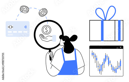 Woman holding a magnifying glass examining financial concepts thumbs up a credit card, coins, gift, and a graph. Ideal for finance, investment, shopping, analysis, market trends consumer behavior