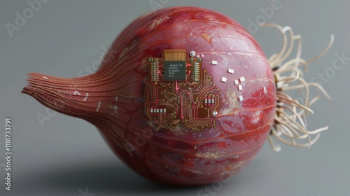 A red onion with a microchip on its surface lies on a plain background. Concept: fusion of nature and technology. For creative technology promotion photo