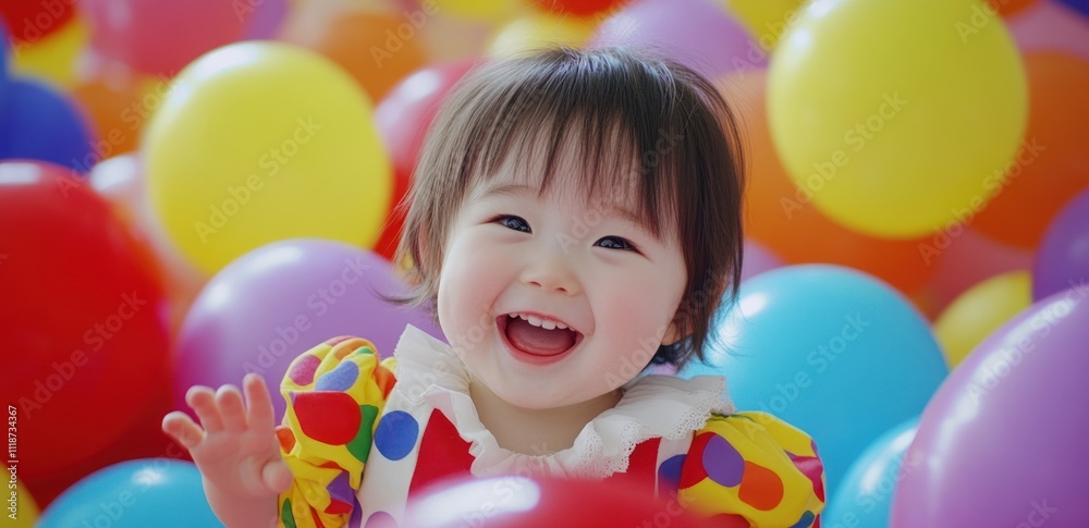 Obraz premium A joyful child surrounded by colorful balloons, capturing a moment of happiness and play.