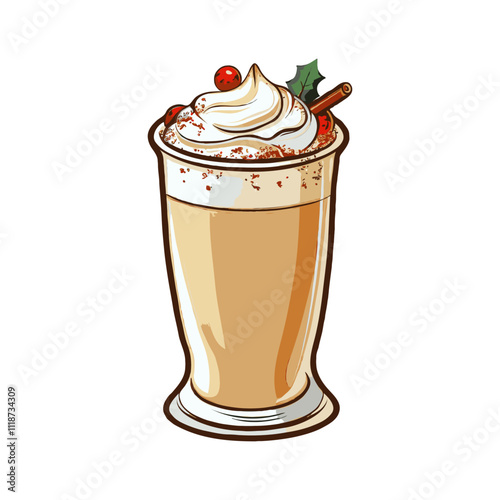 Festive Eggnog drink with whipped cream, cinnamon sticks, and holiday garnish on white background. Concept of Christmas celebration