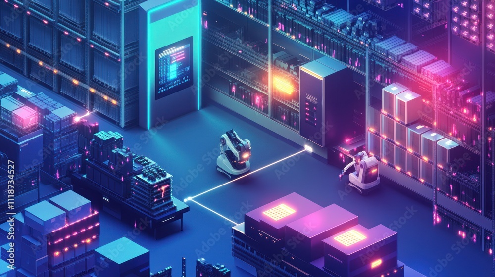 Futuristic data center with robots managing servers and network. Futuristic data center with robots managing servers and network.