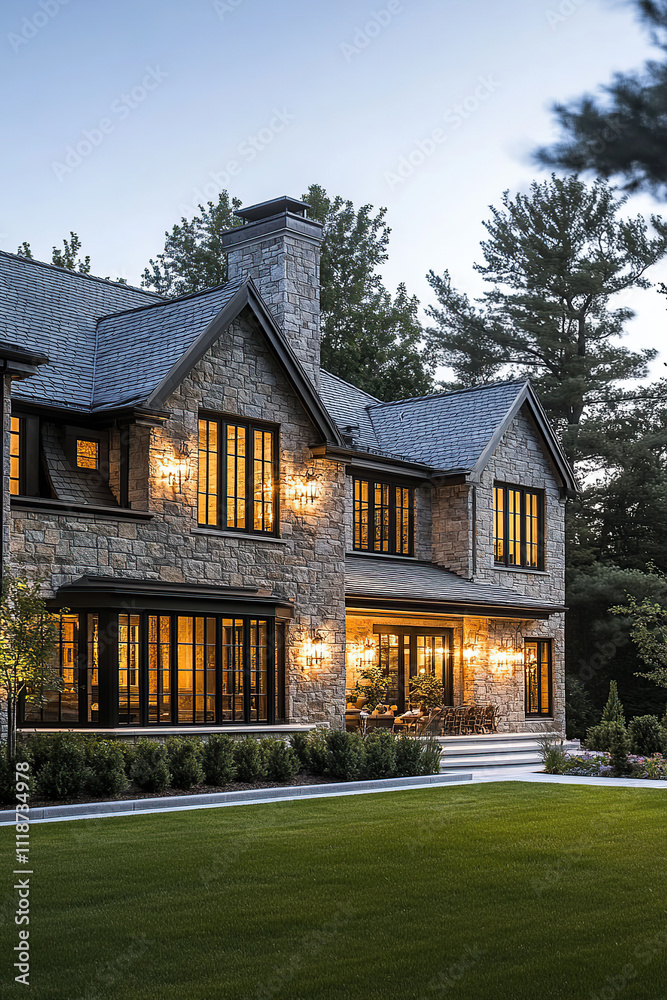 A stunning stone and wood house in New England, featuring large windows with black trim that glow at night, nestled on an expansive lawn under the evening sky. The architecture is classic American. A stunning stone and wood house in New England, featuring large windows with black trim that glow at night, nestled on an expansive lawn under the evening sky. The architecture is classic American.