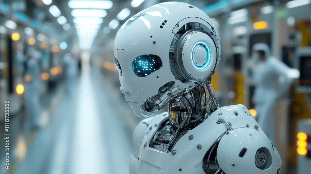 Futuristic Humanoid Robot in High-Tech Facility Futuristic Humanoid Robot in High-Tech Facility