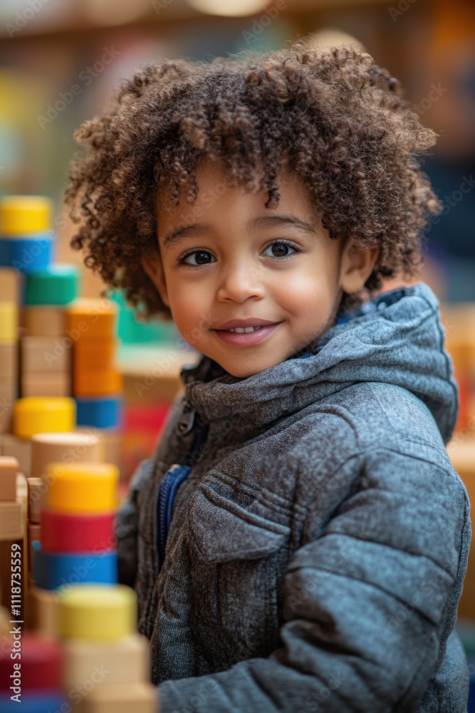 Happy child playing with colorful wooden blocks in playroom setting Happy child playing with colorful wooden blocks in playroom setting