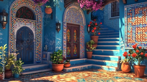 Sunlit blue building with ornate doors, mosaic tilework, potted plants, and stairs.