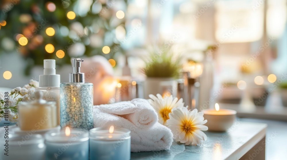 A serene spa setting with candles, towels, and skincare products for relaxation. A serene spa setting with candles, towels, and skincare products for relaxation.