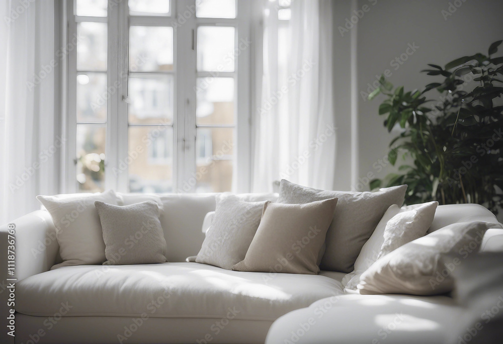 Cozy white sofa against window Scandinavian style home interior design of modern living room Cozy white sofa against window Scandinavian style home interior design of modern living room
