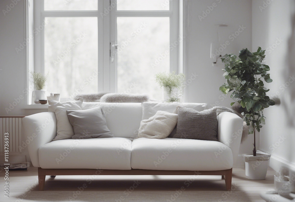 Cozy white sofa against window Scandinavian style home interior design of modern living room Cozy white sofa against window Scandinavian style home interior design of modern living room