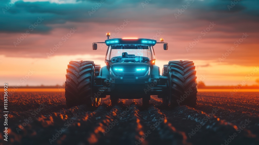 Fototapeta premium Tractor in a field during sunset with dramatic lighting