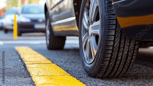 Close-up photo of car tires parked in a parking lot, emphasizing texture and detail photo