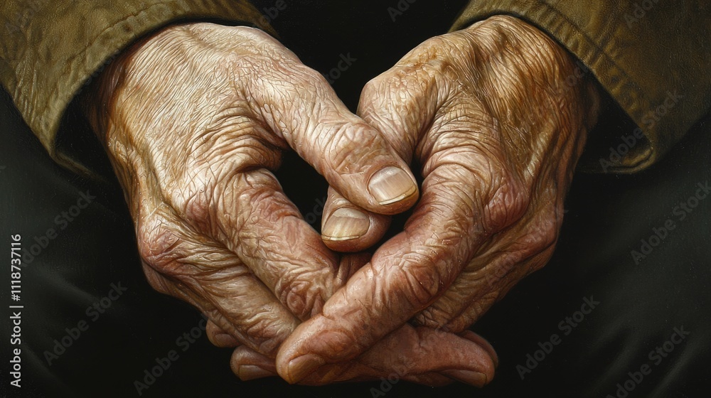 Fototapeta premium High-resolution photograph, close-up of hands clasped tightly, showing tension and strain in knuckles and fingers, shallow depth of field