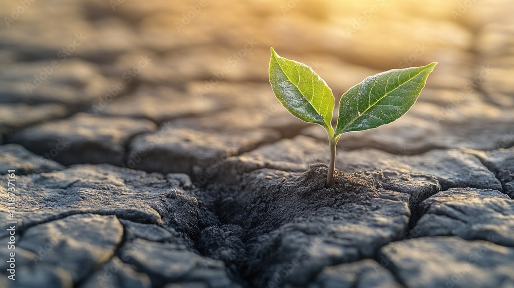 A young plant emerges from cracked soil, symbolizing resilience in a harsh environment.