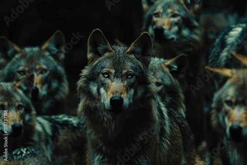 a pack of wolves on a dark night photo