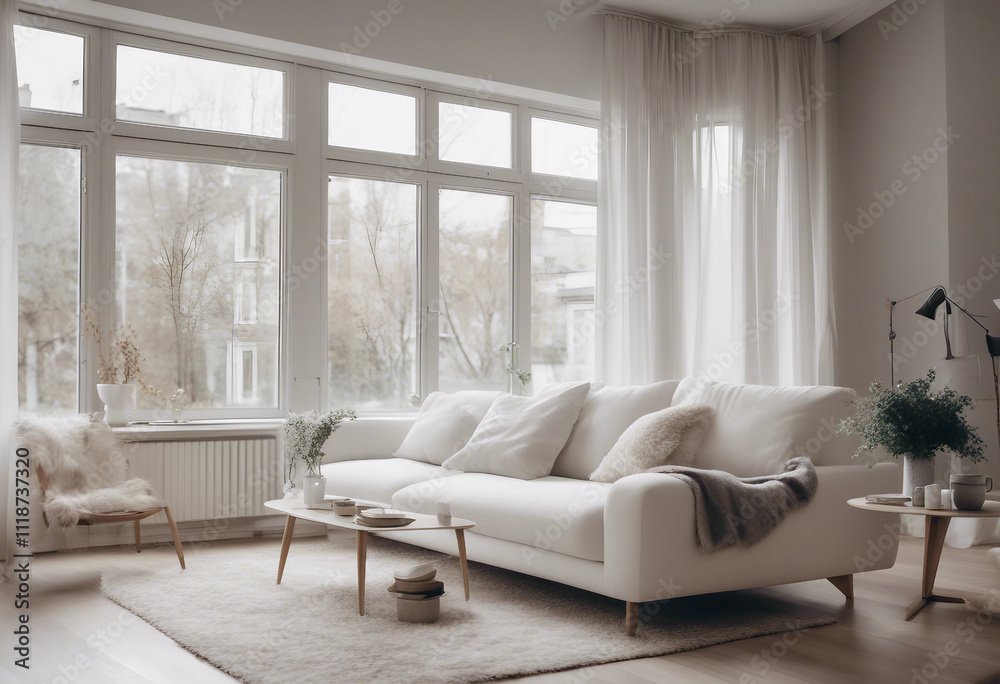 Cozy white sofa against window Scandinavian style home interior design of modern living room