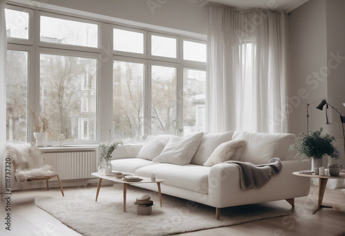 Obraz na płótnie Cozy white sofa against window Scandinavian style home interior design of modern living room w salonie