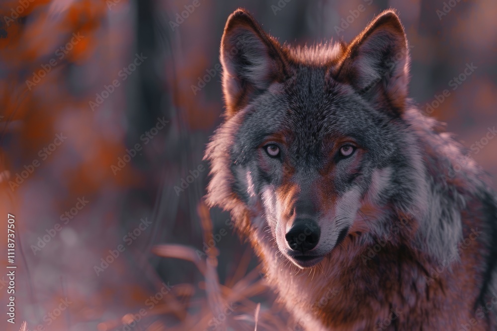 Portrait of young European wolf female in forest setting. Portrait of young European wolf female in forest setting.