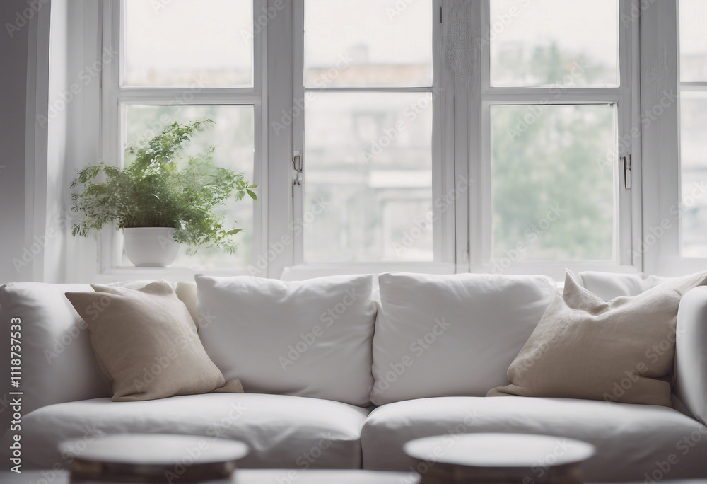 Cozy white sofa against window Scandinavian style home interior design of modern living room Cozy white sofa against window Scandinavian style home interior design of modern living room