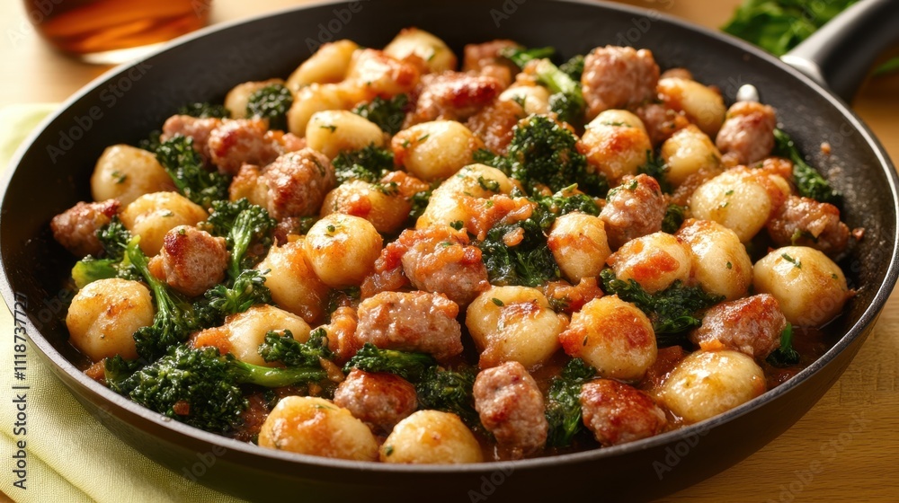 Delicious gnocchi with sausage and broccoli rabe in rustic skillet dish for gourmet dinner preparation Delicious gnocchi with sausage and broccoli rabe in rustic skillet dish for gourmet dinner preparation
