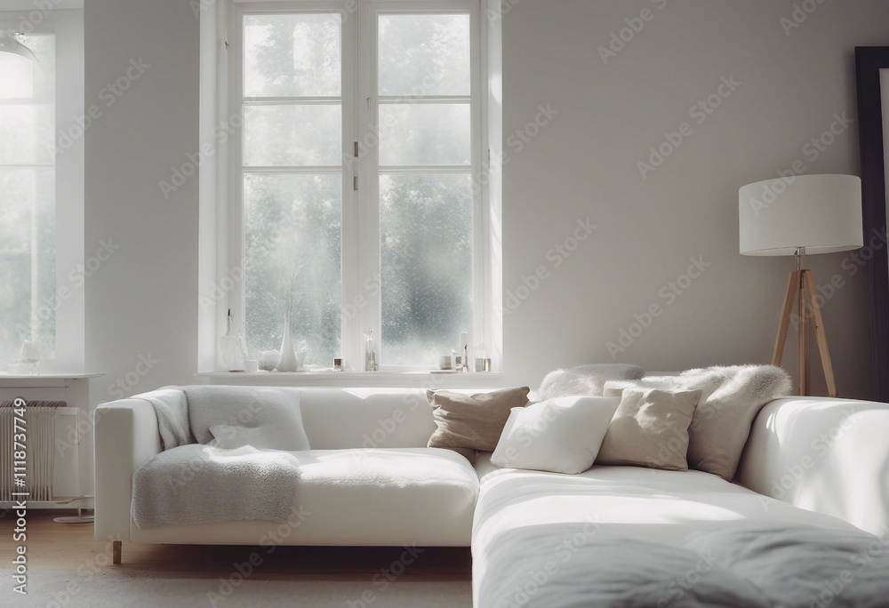 Cozy white sofa against window Scandinavian style home interior design of modern living room Cozy white sofa against window Scandinavian style home interior design of modern living room