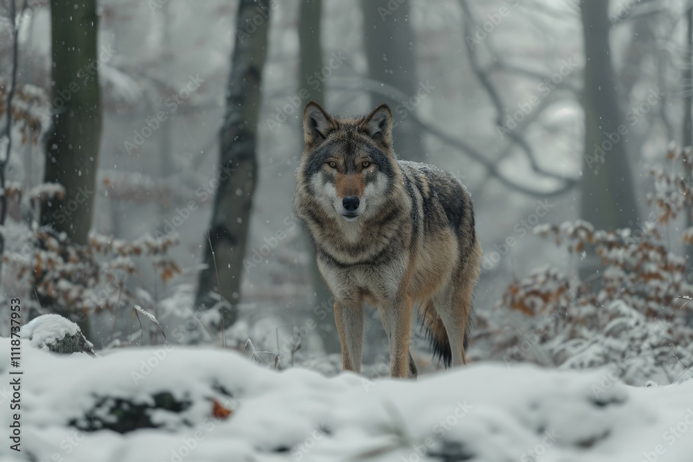 Fototapeta premium Bavaria european wolf standing in snow wolf wolf
