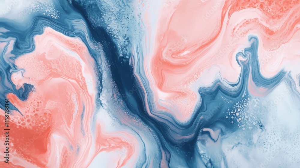 Obraz premium Abstract fluid art featuring swirling patterns in vibrant coral, blue, and white tones.