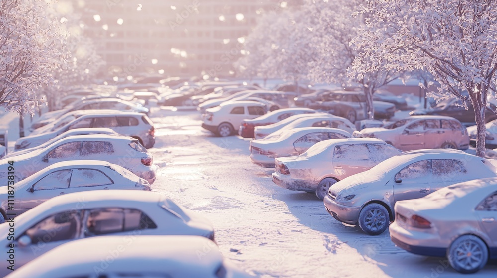 Obraz premium Parking lot covered in snow, cars covered in snow, winter wonderland, serene atmosphere, soft light