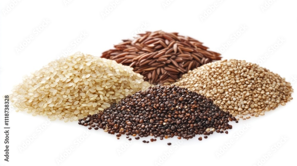 A variety of grains displayed in a visually appealing arrangement.