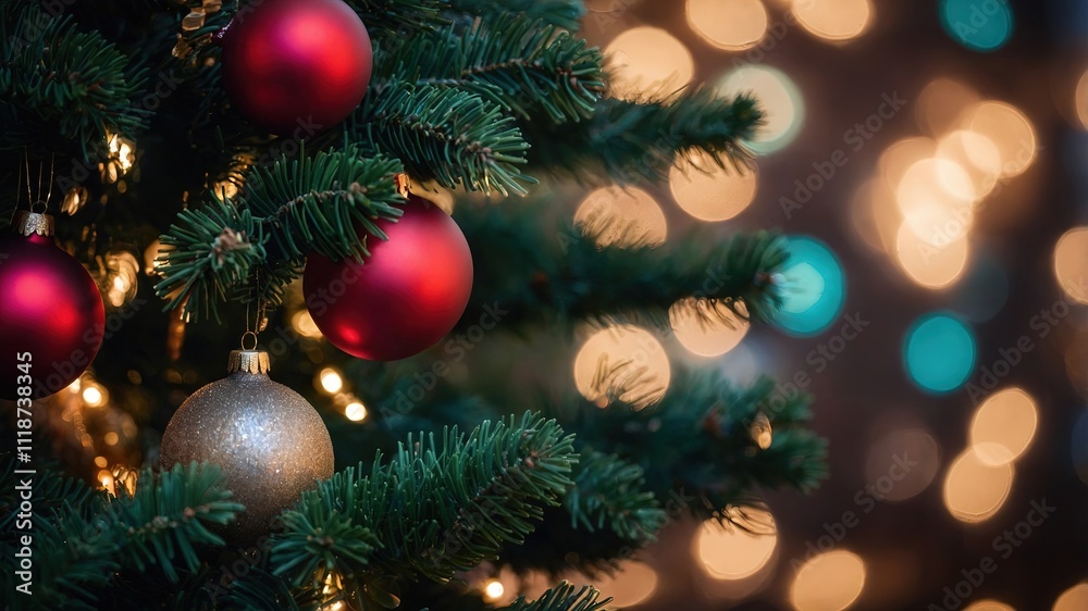 Árbol navideño decorado con esferas rojas y plateadas, capturando la esencia del espíritu festivo con luces desenfocadas de fondo Árbol navideño decorado con esferas rojas y plateadas, capturando la esencia del espíritu festivo con luces desenfocadas de fondo
