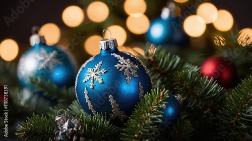 Primer plano de árbol de Navidad con bolas azules, creando una atmósfera acogedora y festiva