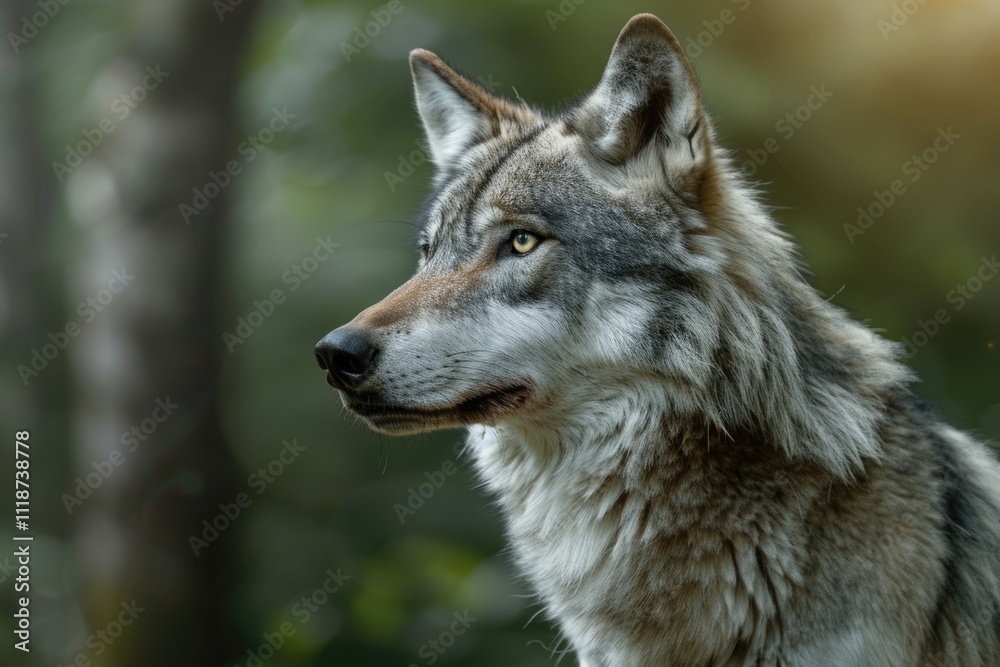 Close up portrait of Canadian Timber Wolf in summer forest. Close up portrait of Canadian Timber Wolf in summer forest.