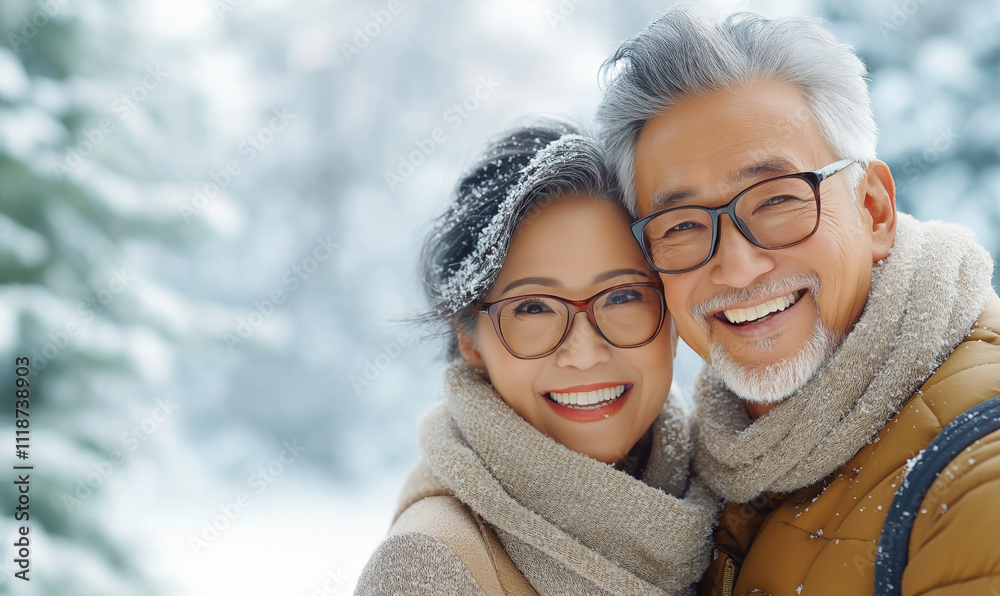 couple in winter. Happy elderly couple on a walk in the winter forest. Concept: Lifestyle of elderly people who travel a lot. couple in winter. Happy elderly couple on a walk in the winter forest. Concept: Lifestyle of elderly people who travel a lot.
