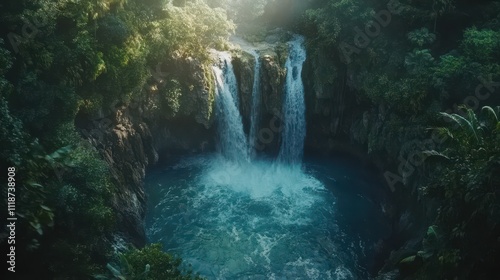 A serene waterfall cascades into a tranquil pool surrounded by lush greenery.