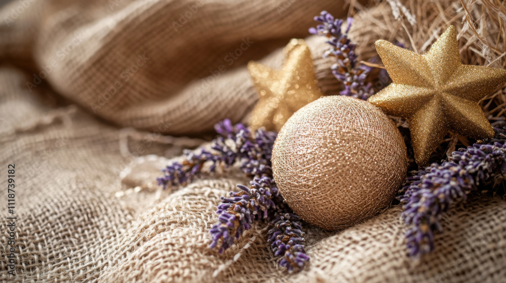 Fototapeta premium Minimalist christmas card with golden stars and lavender on burlap