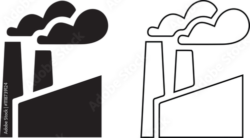 Print factory building vector icon . isolated transparent. black outline and filled version line icon Vector illustration of a factory with a smoke stack emitting smoke, industrial building icon