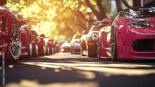 Sports cars parked in a parking lot, showcasing aerodynamic designs and powerful engines, high-quality image photo