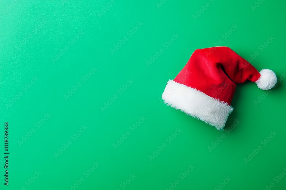 Red Santa Claus hat with a green background. Top-down view. Adequate space for copying. Perfect for advent. Ideal for a new year composition. Excellent for winter holiday decorations. Perfect for a Red Santa Claus hat with a green background. Top-down view. Adequate space for copying. Perfect for advent. Ideal for a new year composition. Excellent for winter holiday decorations. Perfect for a