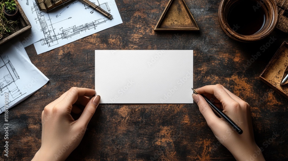 Obraz premium Blank Business Card on Desk with Blueprints and Architect Tools. Generative AI