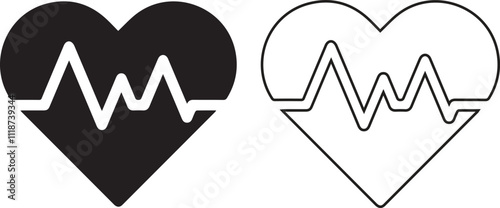 Heartbeat icon set with pulse line red and black color. Heartbeat pulse flat icon for medical apps and websites. Set of heartbeat icon isolated. Heart shape with pulse line. Vector illustration