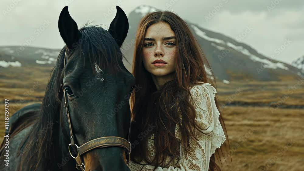 Woman stands beside a black horse against a backdrop of mountains and muted colors during an overcast day