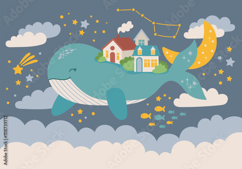 Fantasy blue whale with small town  flying in the stellar sky for nursery wall. Wallpaper vector illustration for kids room interior