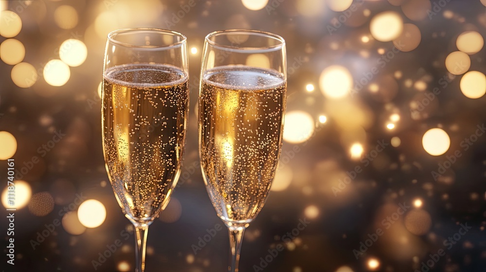 Two elegant champagne flutes filled with sparkling bubbly against a festive bokeh backdrop. Two elegant champagne flutes filled with sparkling bubbly against a festive bokeh backdrop.