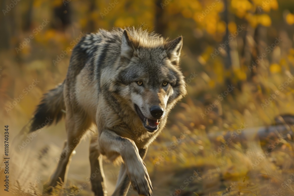 Fototapeta premium Grey Wolf Canis lupus Running Straight at Viewer captive animal