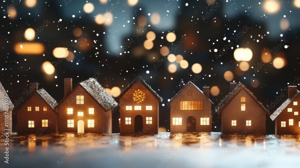 A charming winter scene with illuminated houses and falling snowflakes. A charming winter scene with illuminated houses and falling snowflakes.