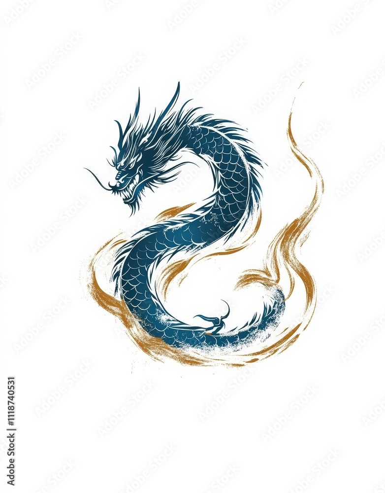 Fototapeta premium Blue Chinese Dragon Illustration Mythical Creature Asian Folklore Symbol Power Strength Fantasy Art Tattoo Design Graphic Element Legendary Serpent Oriental Culture Ancient Mythology Traditional