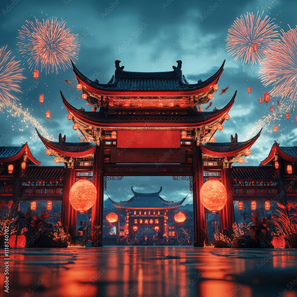 Fototapeta premium Chinese New Year celebrations vibrant entrance gate adorned with red lanterns fireworks display festive atmosphere traditional architecture cultural landmark night scene immersive experience