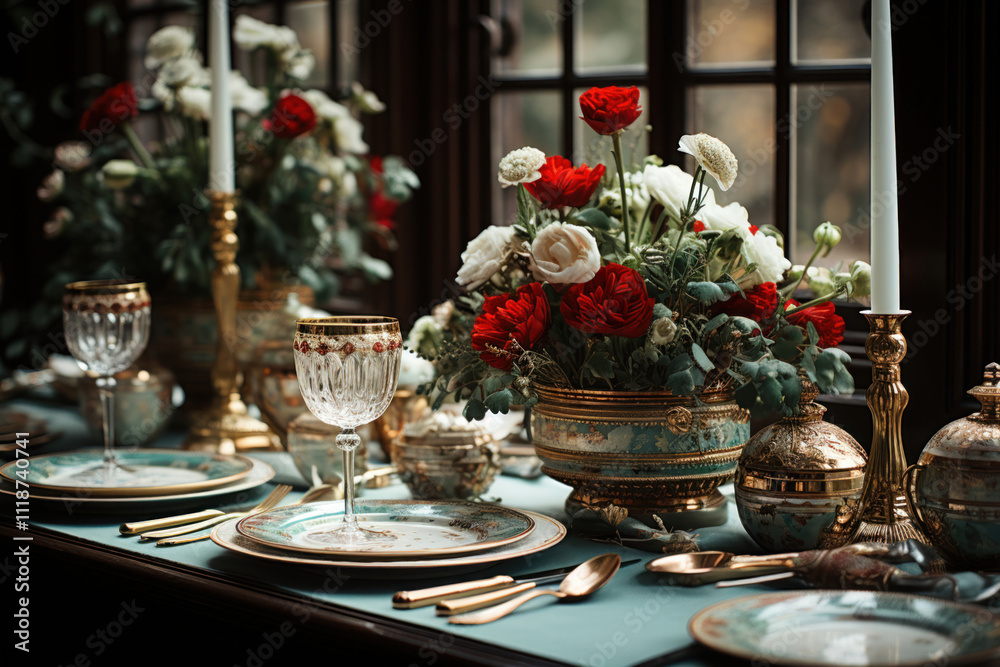 table set for a gala dinner, candles and flowers: ,.